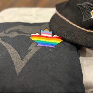 Blue Jays Pride T-Shirt and Cap with Rainbow Maple Leaf
